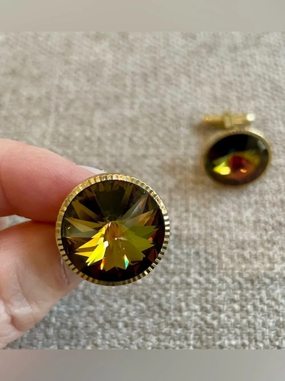 Vintage Rivoli Cufflinks Gold Tone Volcano Vitrail Glass Multicolor Statement